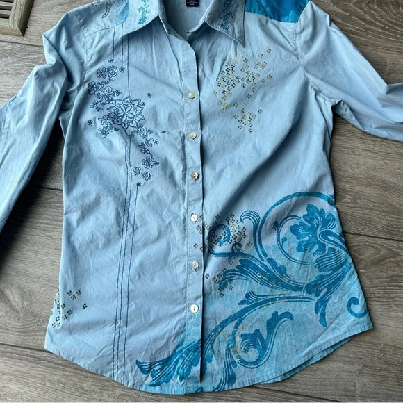 Indigo Palms Paisley Embroidered  Novelty Bohemian Button Down Shirt - Picture 5 of 16